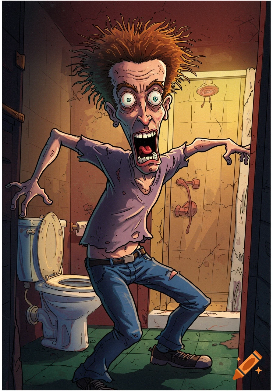 Cartoon man resembling Cornholio looking panicked in a bathroom.