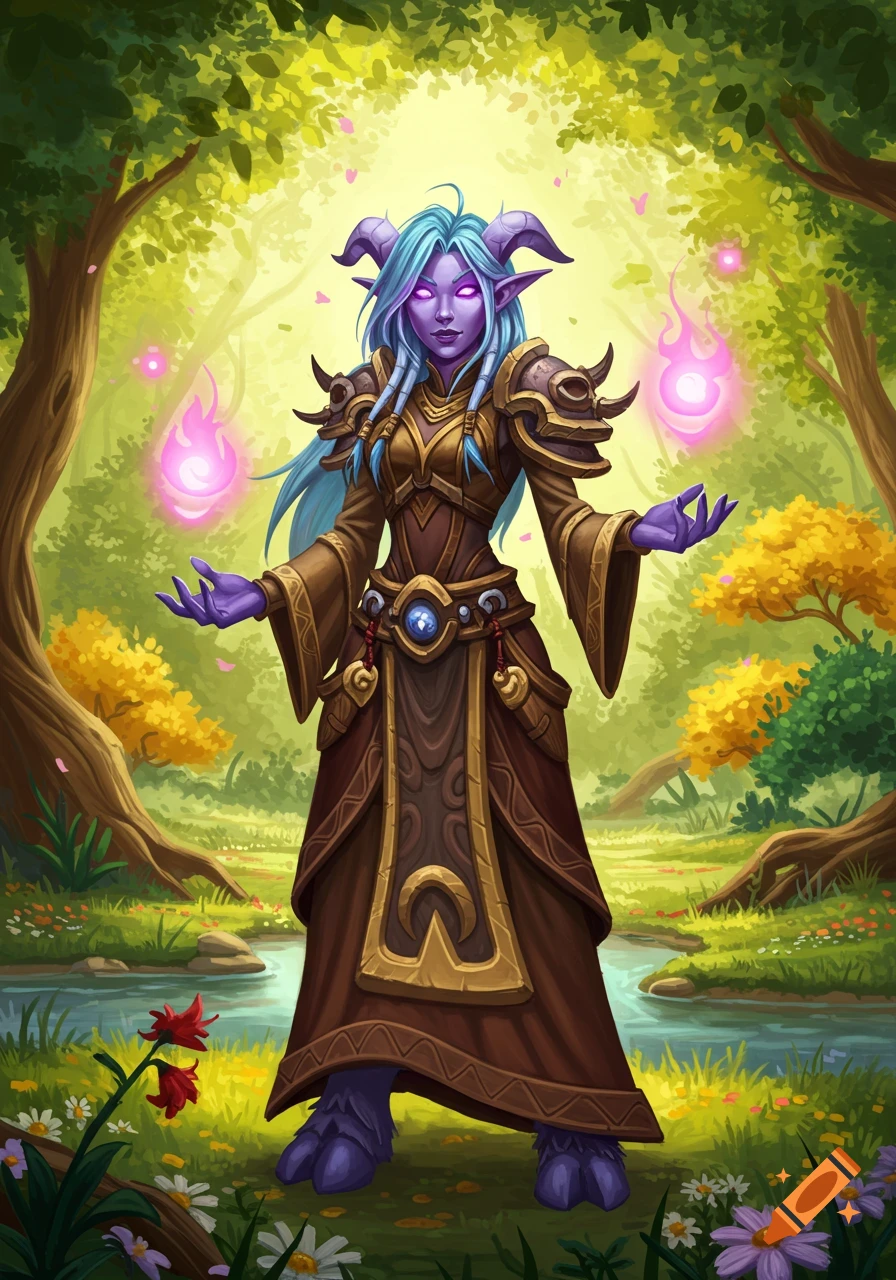 A purple-skinned Draenei character in a robe casting magic in a forest glade, digital painting style.