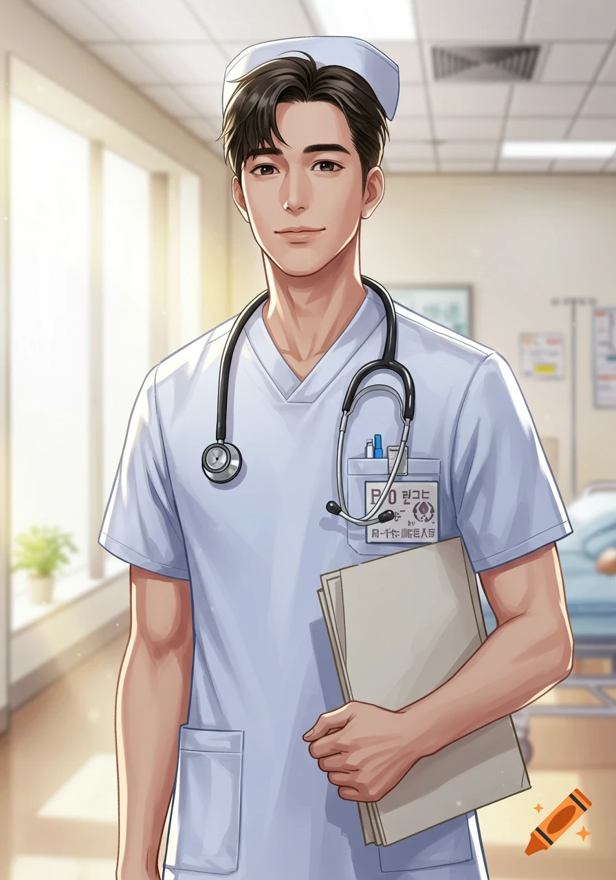 Anime illustration of a male nurse with a stethoscope standing in a hospital hallway.