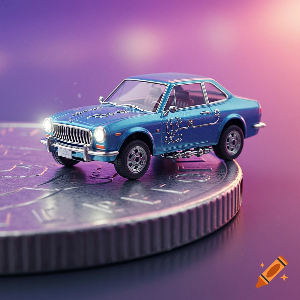 A tiny blue toy car with circuit patterns sits on a large coin.