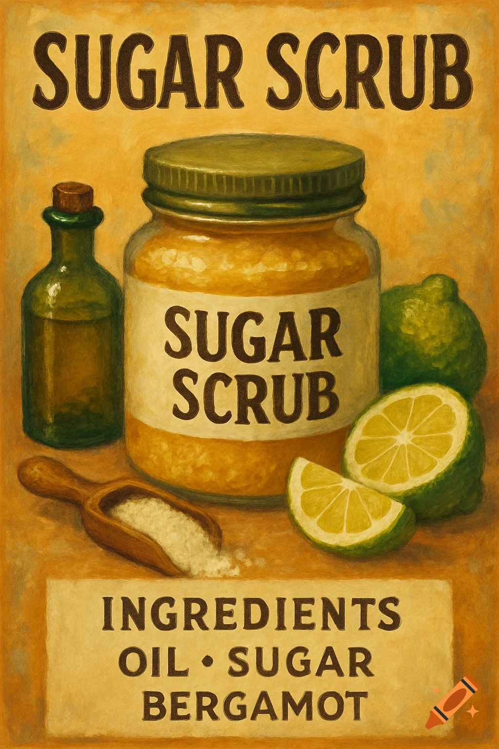 Poster illustration of sugar scrub jar, oil bottle, lime wedges, and a scoop of sugar with ingredients list.