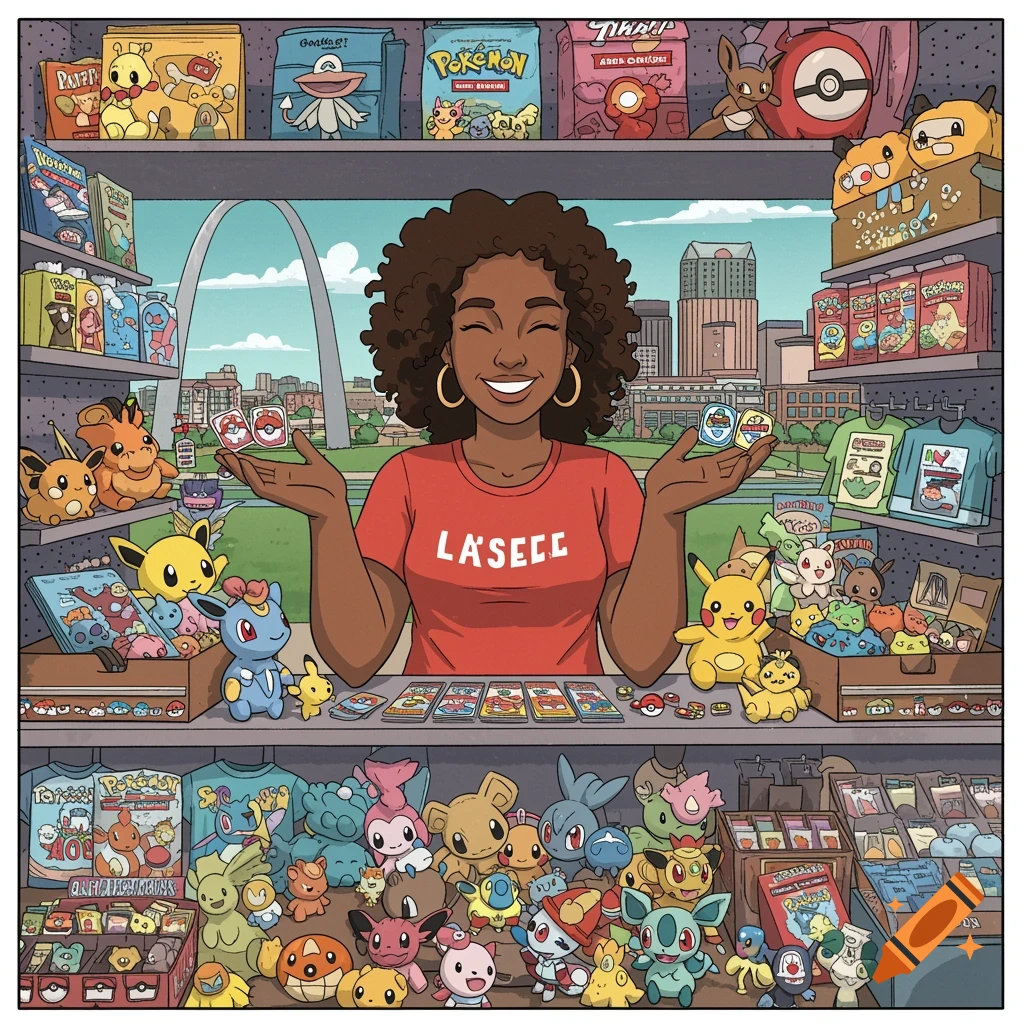 Illustration of a woman in a store filled with Pokemon merchandise, with the St. Louis Arch in the background.