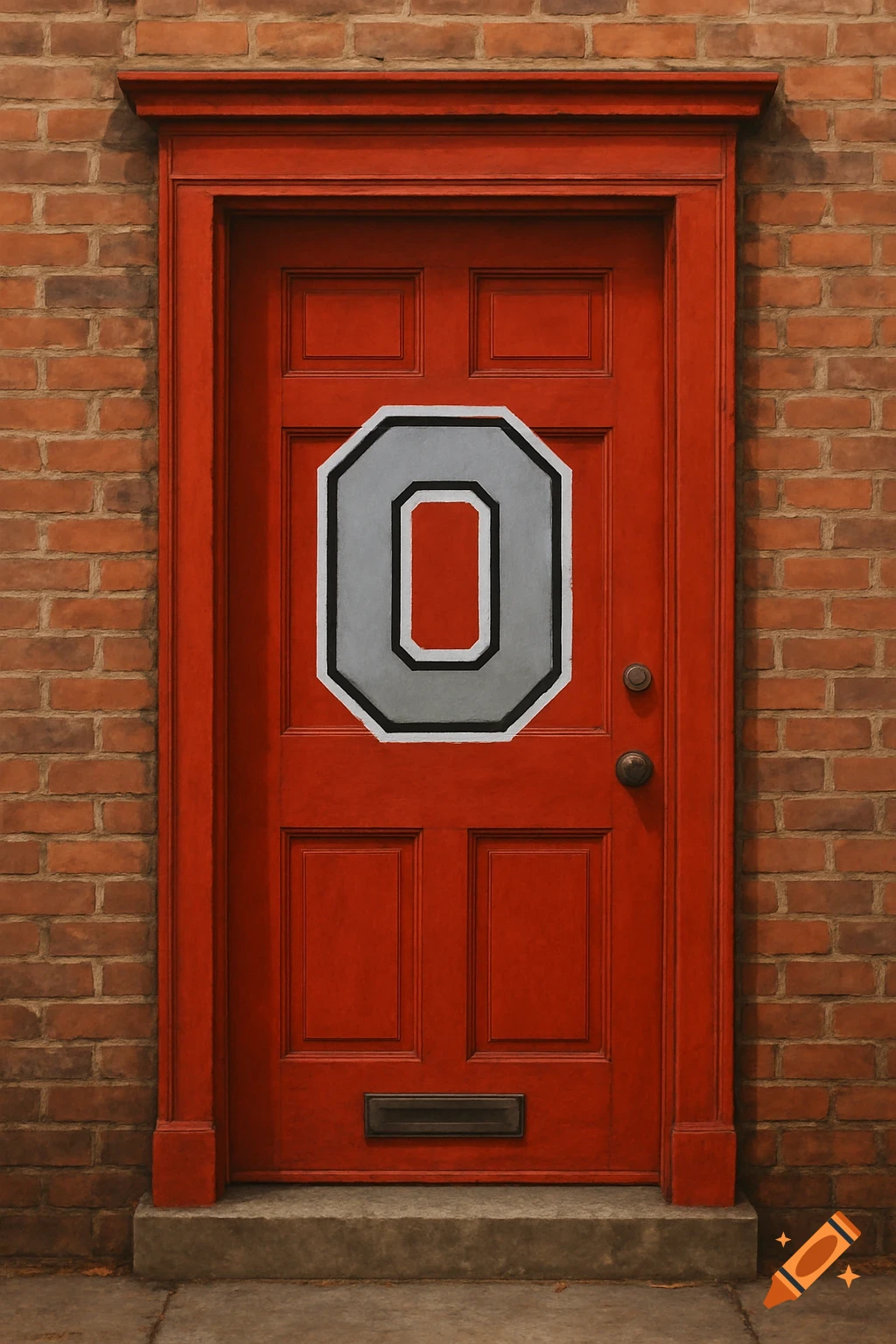 Red door on a brick building with a gray block O logo