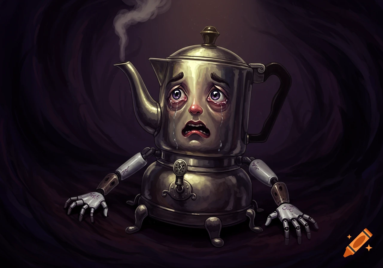 An anthropomorphic metal percolator with robotic arms cries in a dark room.