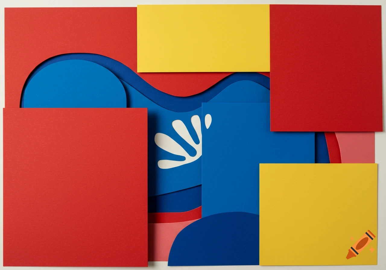 Abstract geometric paper cut art in red, yellow, and blue primary colors.