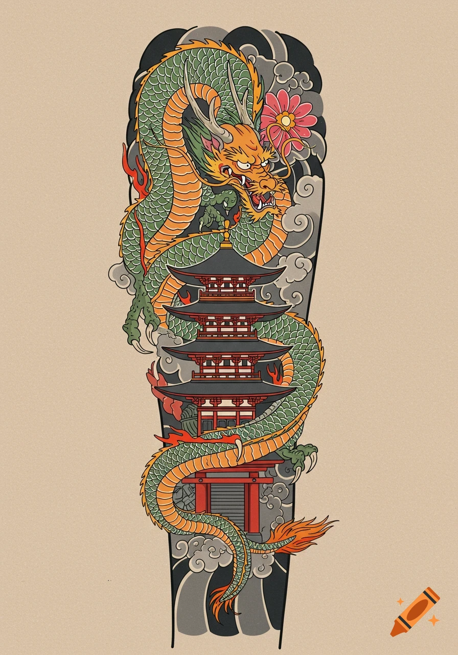 Traditional Japanese tattoo design with a green and orange dragon around a pagoda.