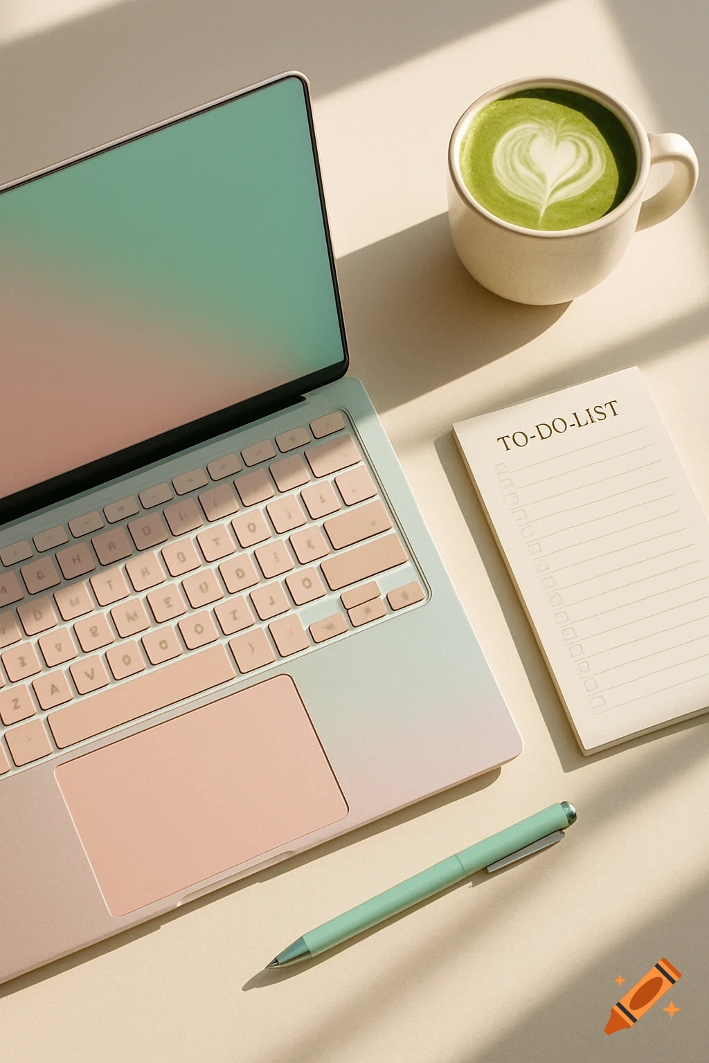 Overhead view of a pastel laptop, matcha latte, to-do list notepad, and pen on a desk in sunlight.