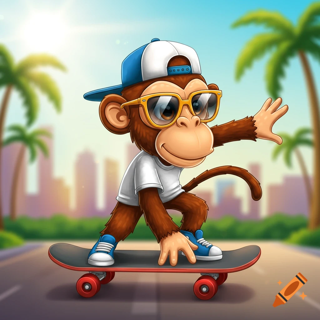 Cartoon monkey in a cap and sunglasses skateboarding