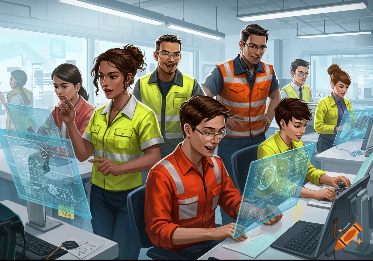 Illustration of a team of engineers reviewing data on holographic displays in a lab.