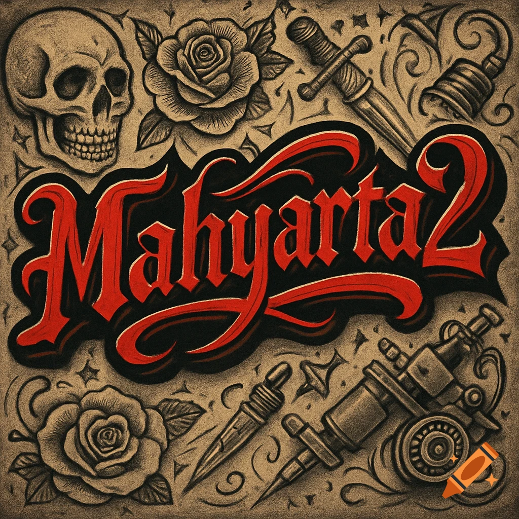 Stylized red text "Mahyarta2" surrounded by a skull, roses, swords, and tattoo equipment in a tattoo art style.