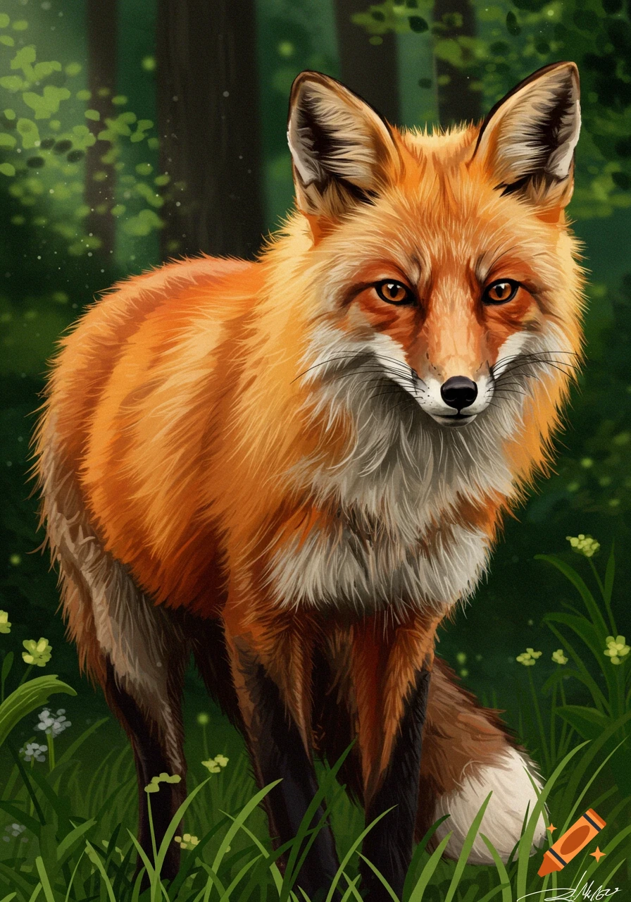 A digital painting of a red fox standing in a forest clearing. on Craiyon