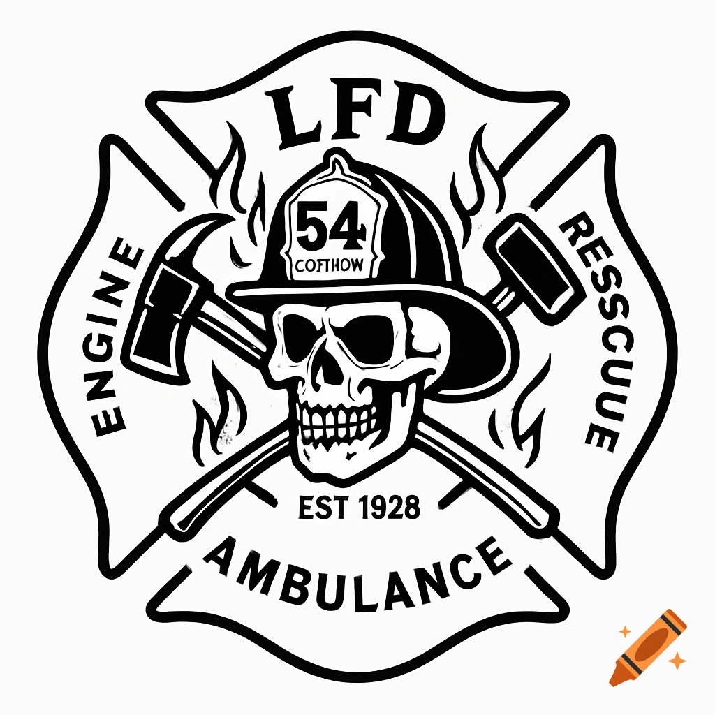 Black and white emblem featuring a skull in a firefighter helmet, crossed axe and sledgehammer, and text labels around a Maltese cross shape.