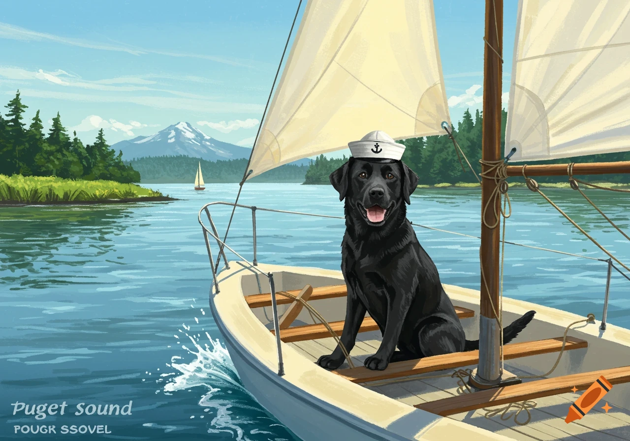 An illustration shows a black lab wearing a sailor cap sitting in a sailboat on the water with mountains and trees.