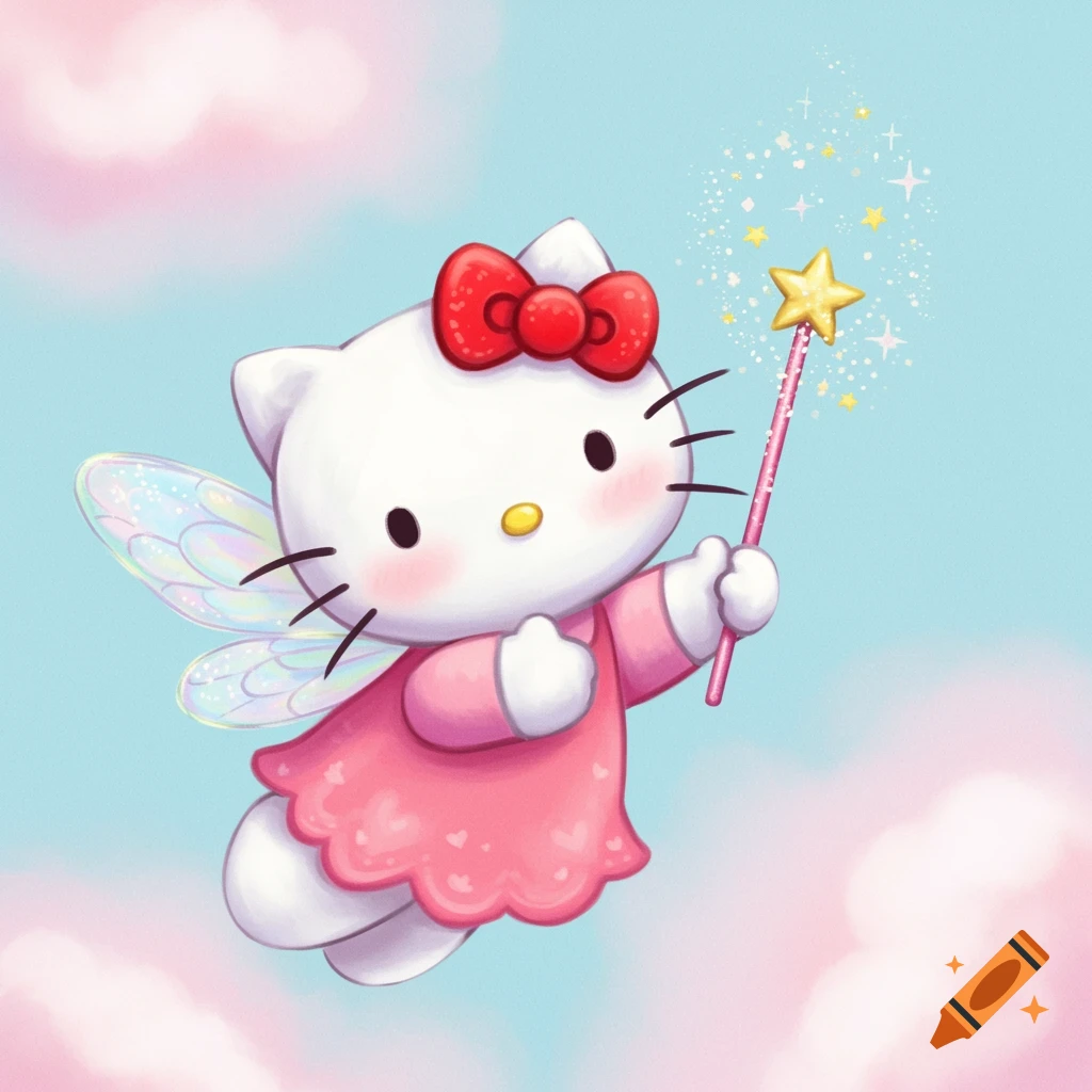 Hello Kitty fairy flying with wings and magic wand in a cloudy sky, cartoon illustration.