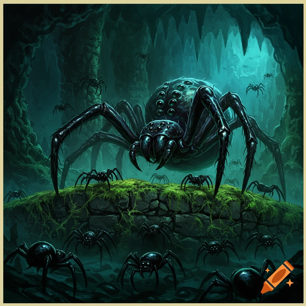 A large black spider and many small spiders on a mossy rock in a dark cave. Fantasy illustration style.