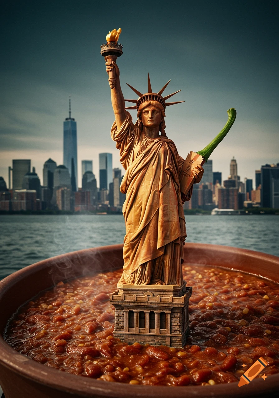 Statue of Liberty stands in a giant pot of chili, holding a green chili pepper with the New York City skyline behind her.