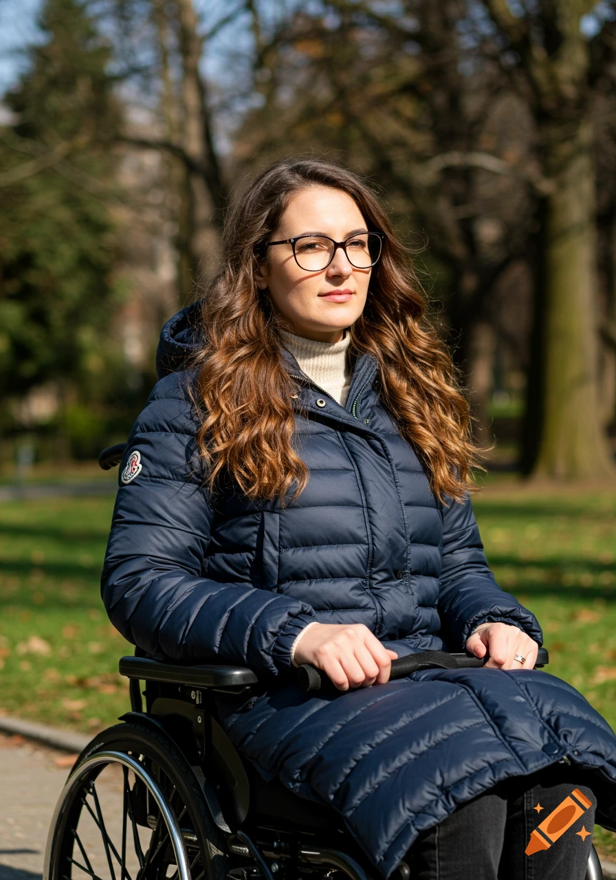 A woman with glasses and long hair in a wheelchair wears a blue puffer coat in a park.