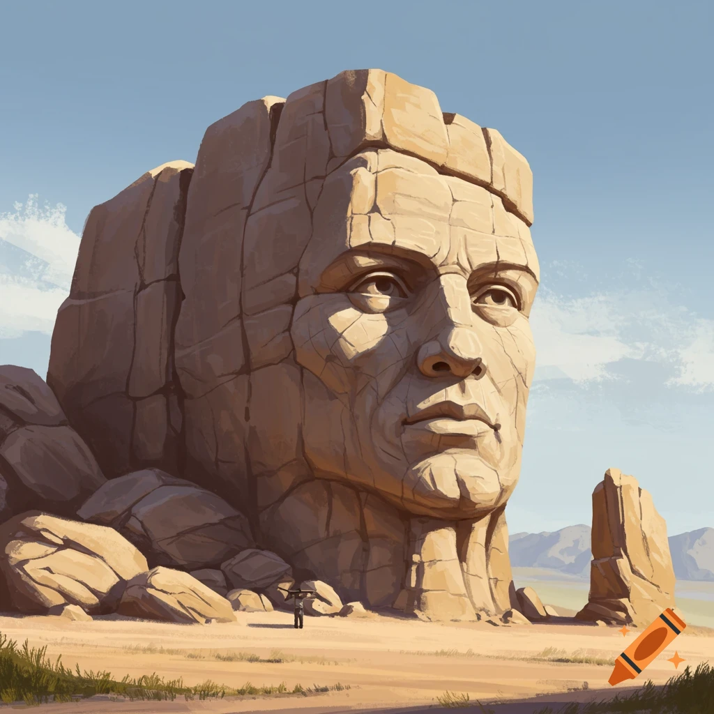 A giant rock formation carved into a man's face stands in a desert ...