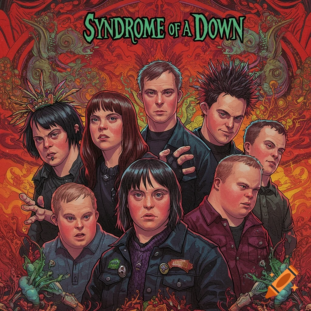Illustrated album cover for \"Syndrome of a Down\" featuring a group of people.