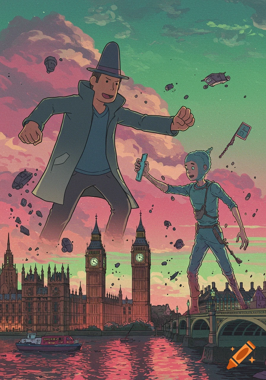 Giant figures stand over London with floating debris in an illustration style.
