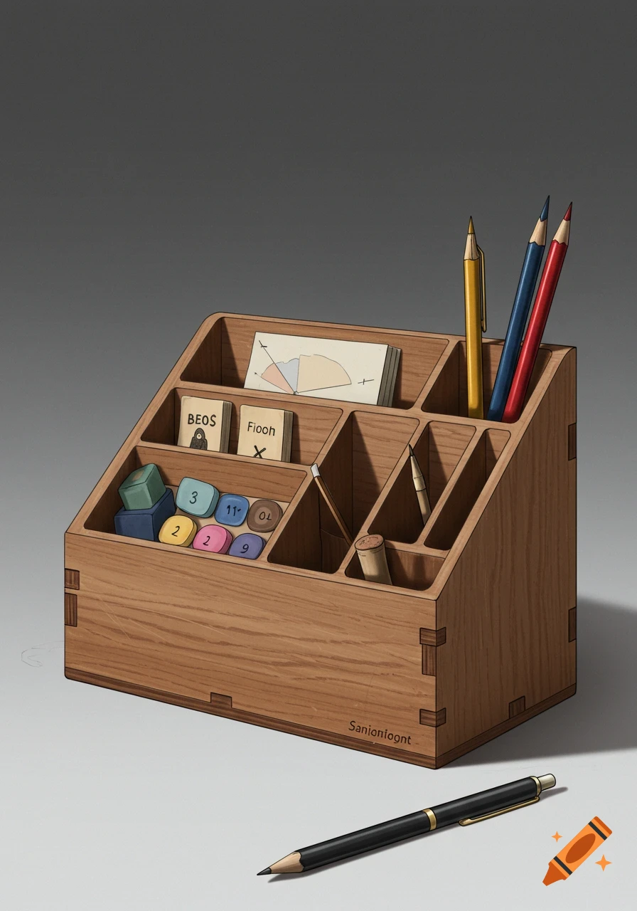 A wooden desk organizer filled with pencils, cards, blocks, and numbered tokens, with a pen in front.