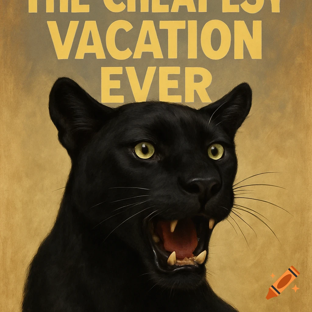 A black panther roaring under yellow text 'THE CHEAPEST VACATION EVER' in a poster style.