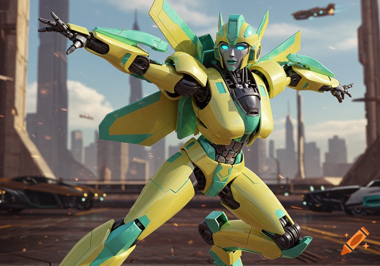A yellow and mint female transformer robot stands in a city street in a fighting pose.