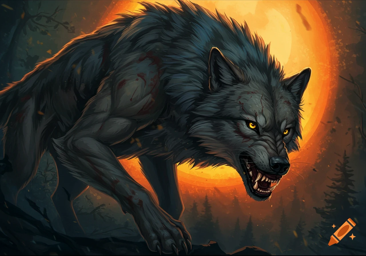 A fierce stylized wolf with scratches and yellow eyes stands against an orange moon in a forest.
