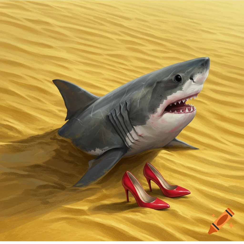 An illustration of a shark lying on sand with red high heel shoes next to it.
