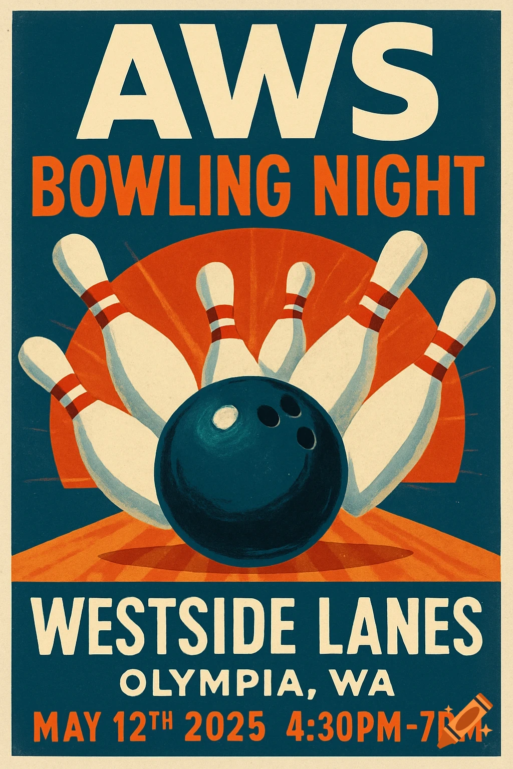 Retro style poster for an AWS bowling night featuring a bowling ball hitting pins and event details.