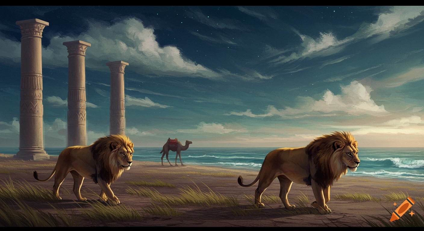 Two lions walk on a beach near ancient pillars and a camel under a night sky, impressionist style.
