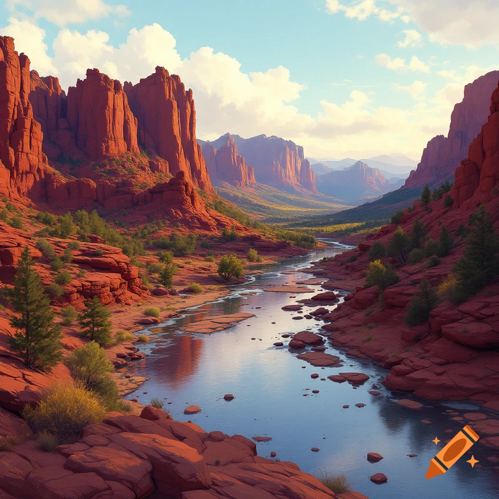 Scenic view of red rock cliffs and a river flowing through a valley.