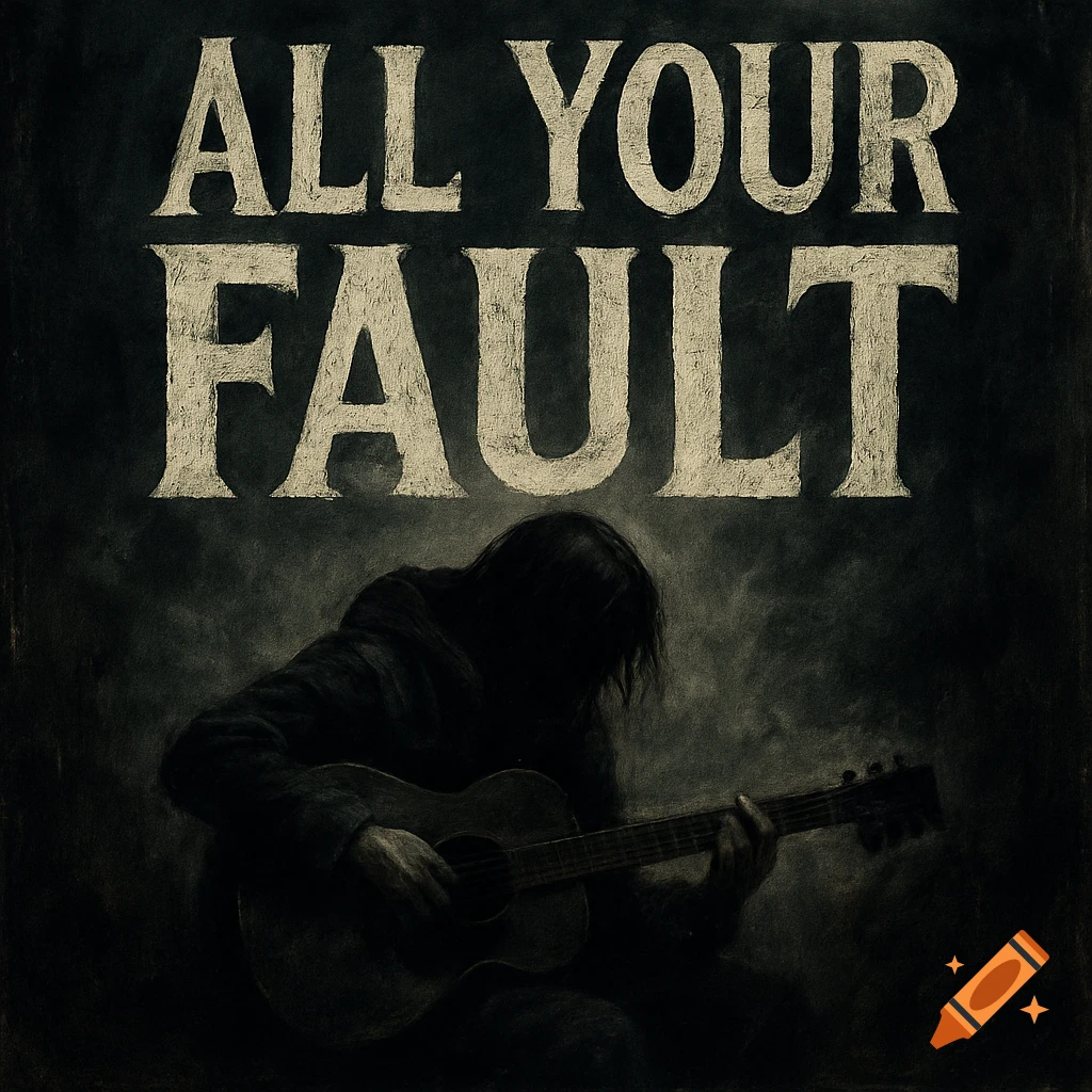 Dark, textured image of a person playing a guitar with the text 'ALL YOUR FAULT' above them.