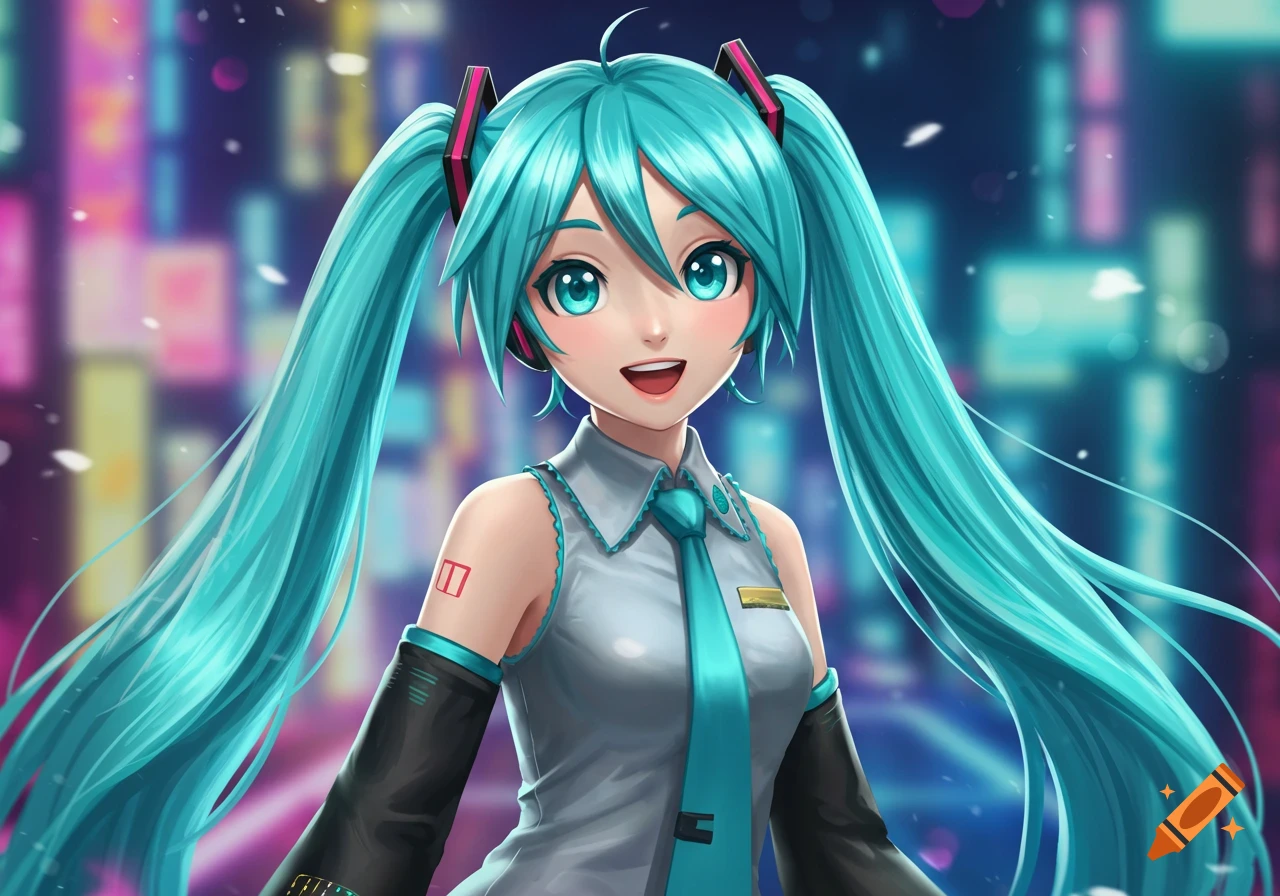 Anime character with teal twin-tails in front of a city at night.