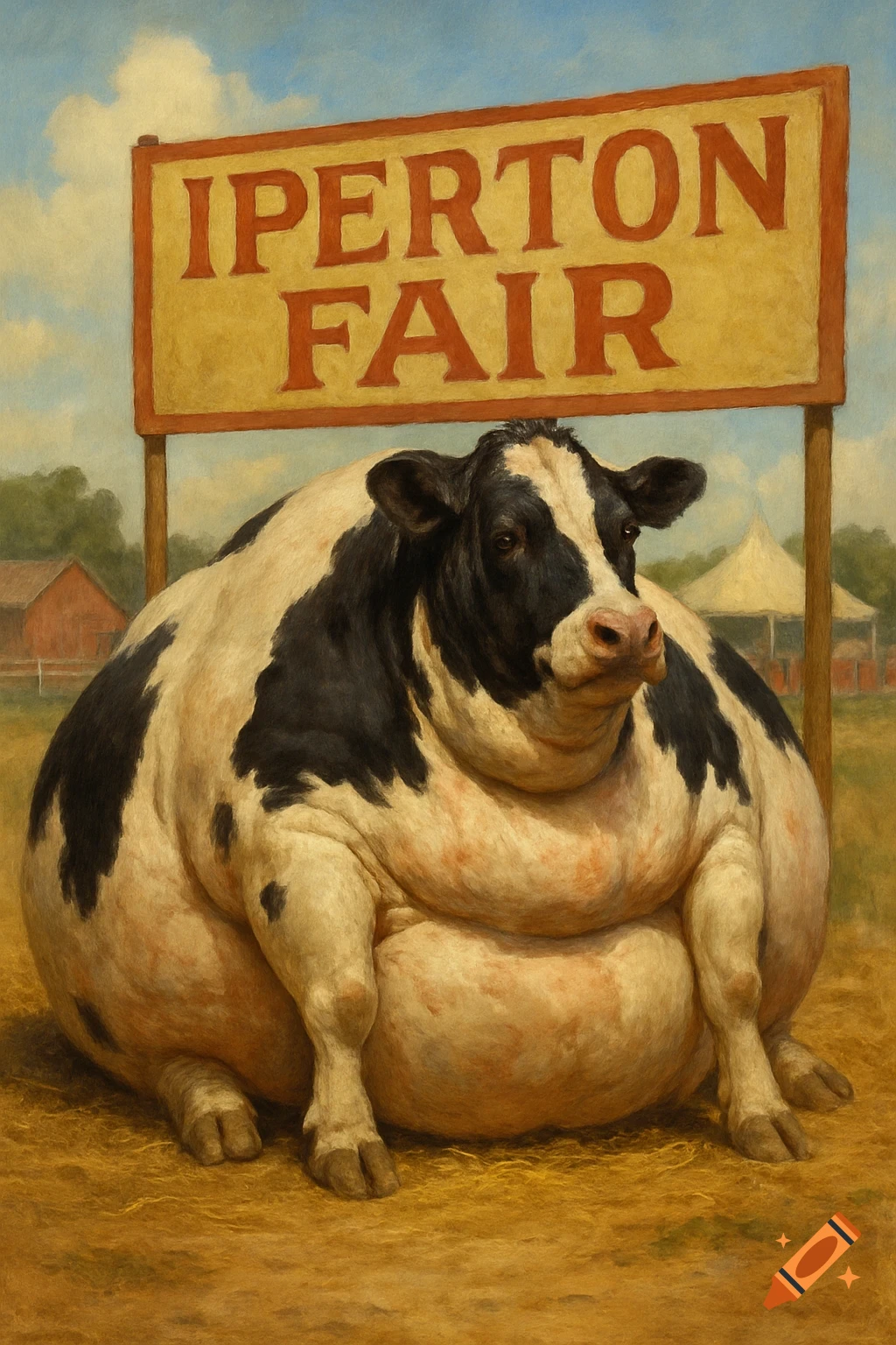 Morbidly obese cow sits by a sign reading 'IPERTON FAIR' at a country fair in a painting style.