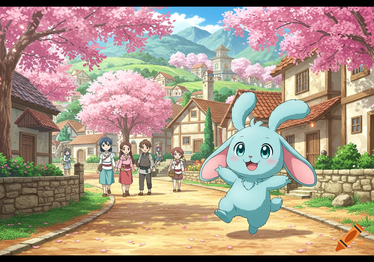 A blue rabbit-like creature hops down a village street with people, cherry trees, and houses in anime style.