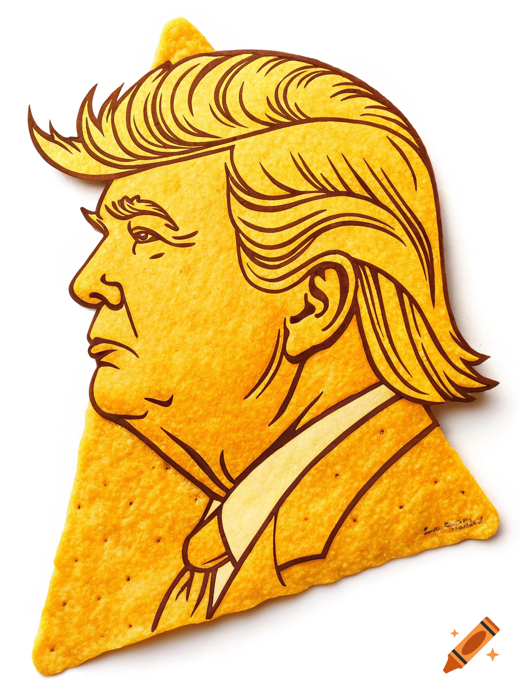 Caricature of Donald Trump's profile made from a Dorito chip
