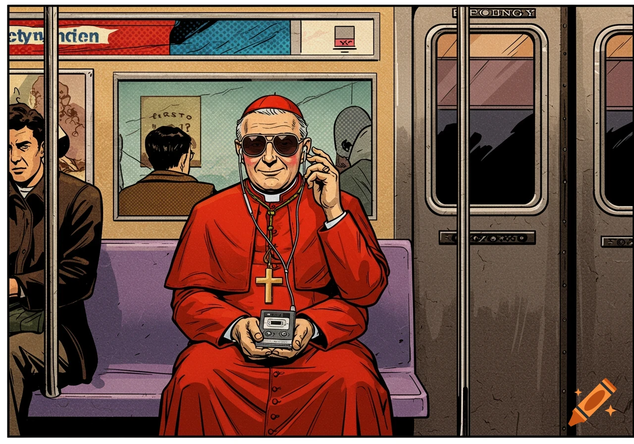 Comic book style illustration of a Catholic cardinal wearing sunglasses and listening to a Walkman on a subway.