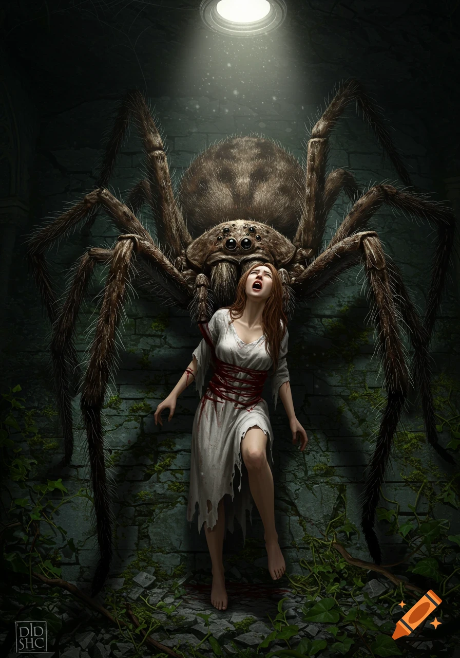 Giant spider looms over a terrified woman in a dark fantasy scene.