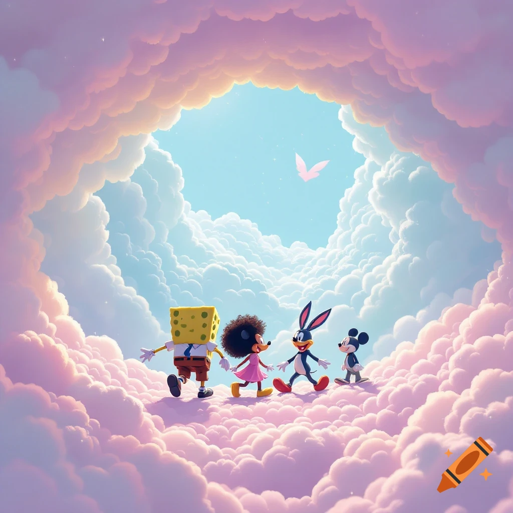 Cartoon characters including Spongebob and Mickey Mouse walk on pink clouds under a blue sky.