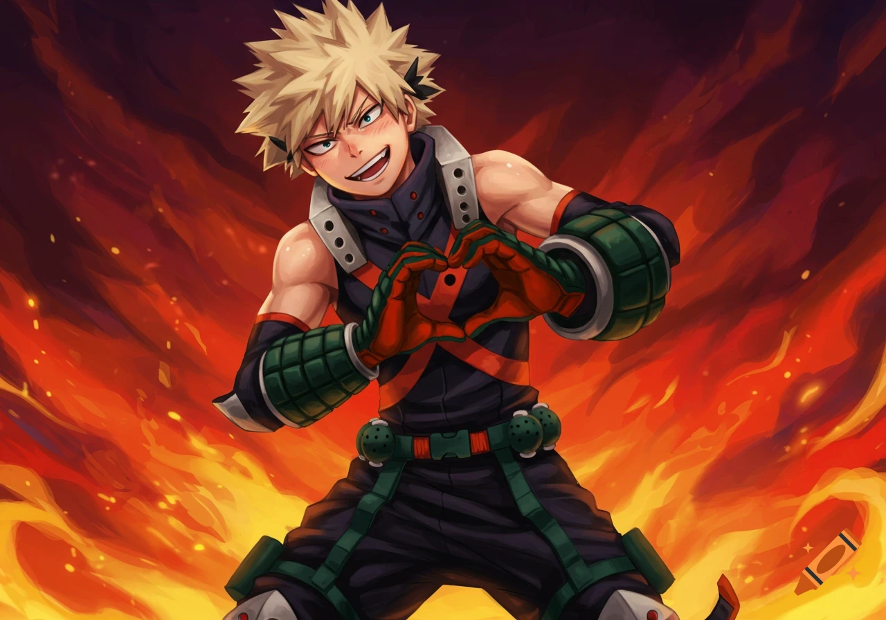 Anime illustration of Katsuki Bakugo making a heart with his hands in front of a fiery background.