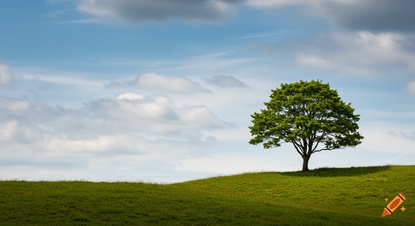 Photorealistic landscape of a lone tree on a green hill under a cloudy sky.