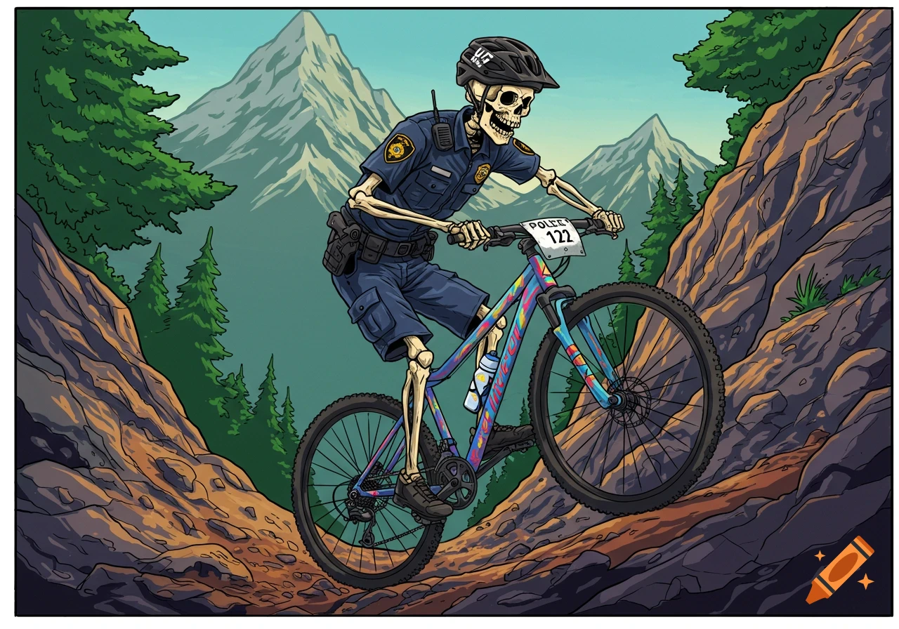 An illustrated skeleton police officer rides a mountain bike down a rocky trail in the mountains.
