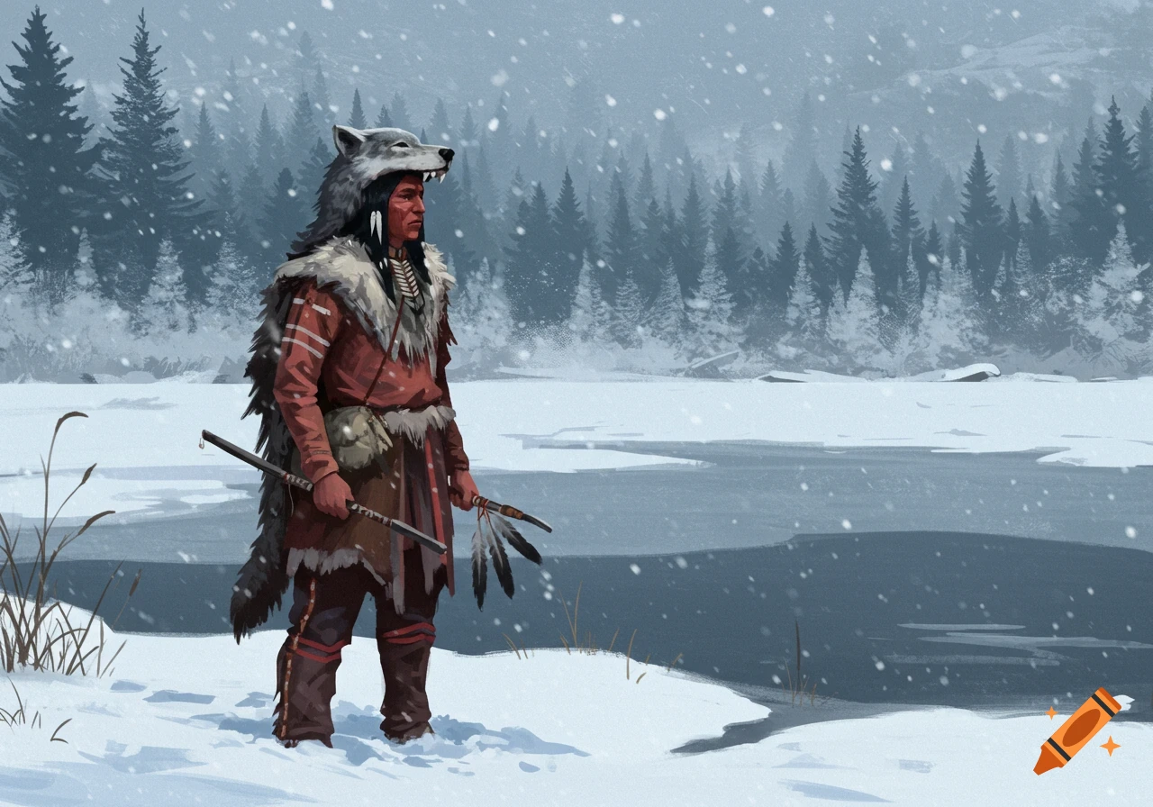 Native American person in winter clothing and wolf headdress stands in snowy landscape by frozen lake.