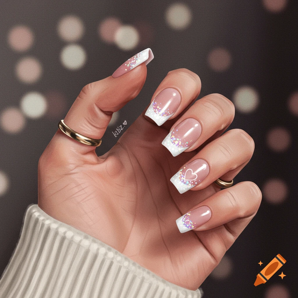 Hand with French tip nails decorated with glitter and a heart