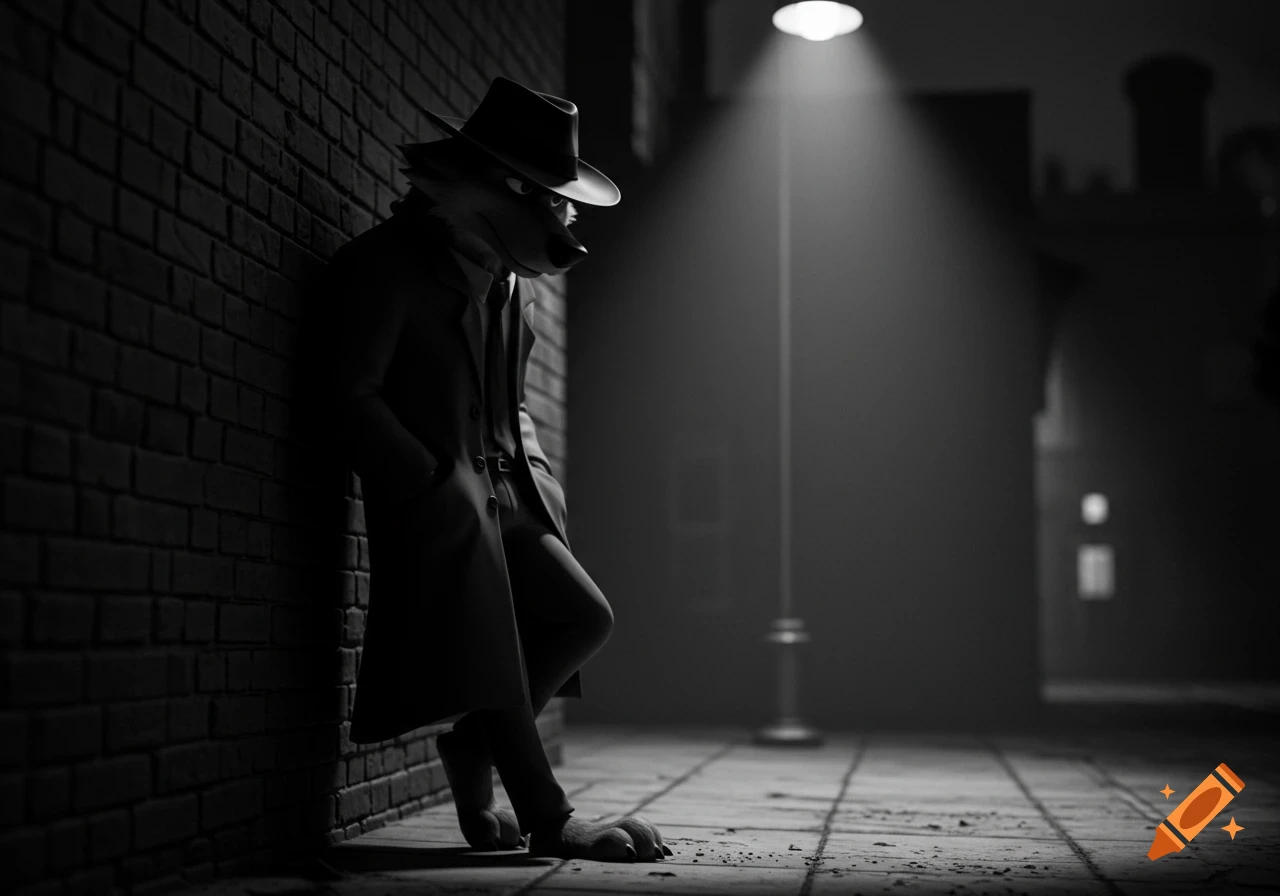 Black and white image of an anthropomorphic wolf detective leaning against a brick wall under a street light.