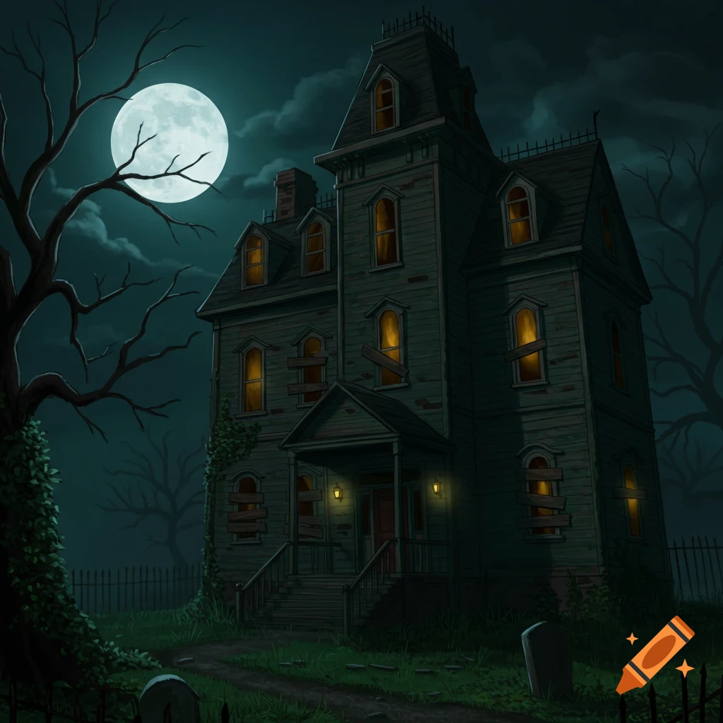 Illustration of a spooky haunted house at night under a full moon.