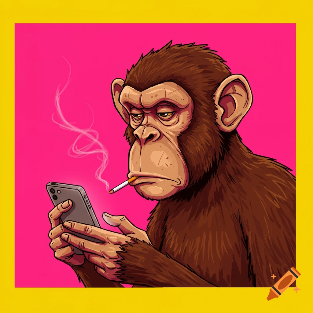 Cartoon monkey smoking cigarette and looking at phone against a pink background.