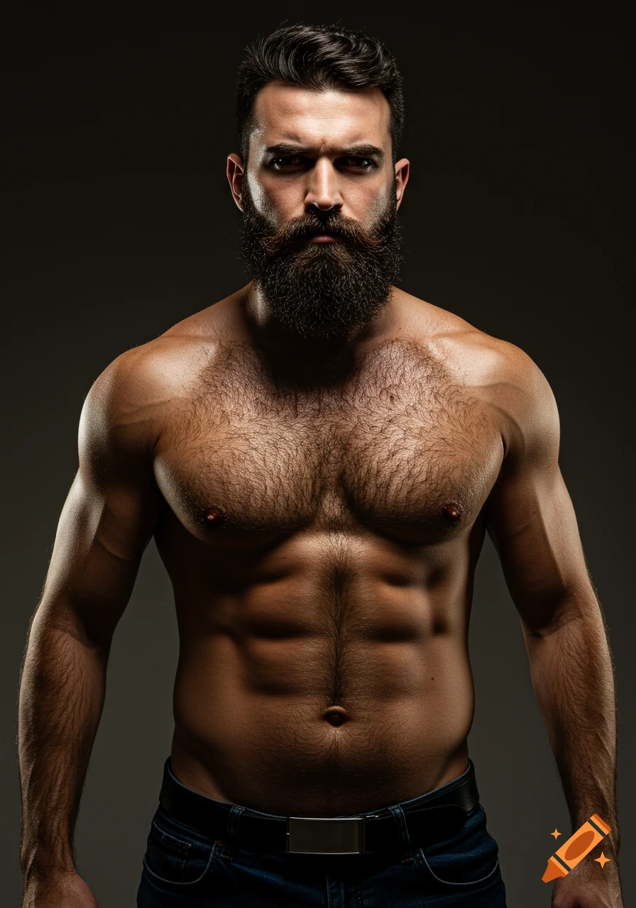 Muscular man with beard and hairy chest in a dramatic studio portrait ...