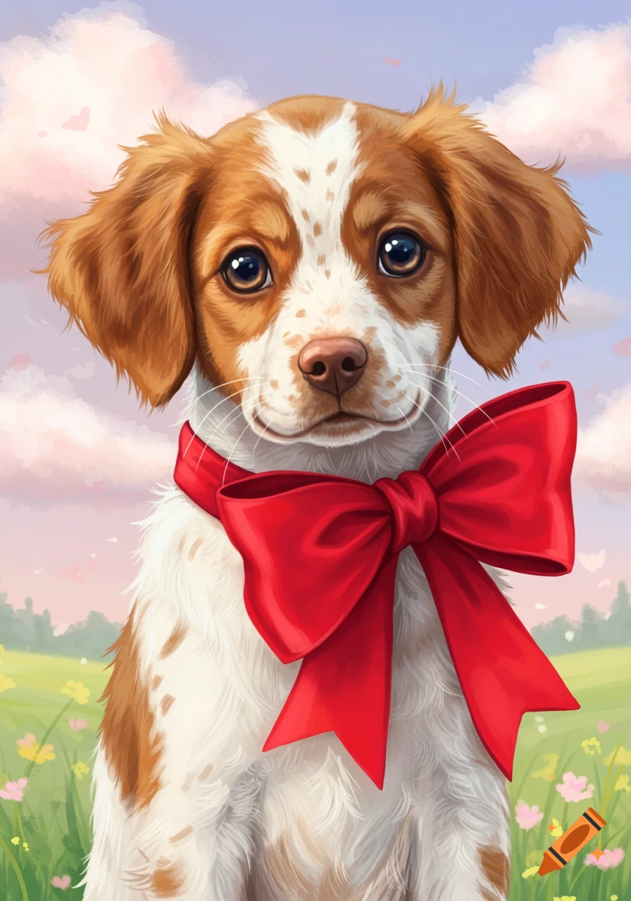A cute Brittany puppy wearing a big red bow, sitting in a field of flowers.